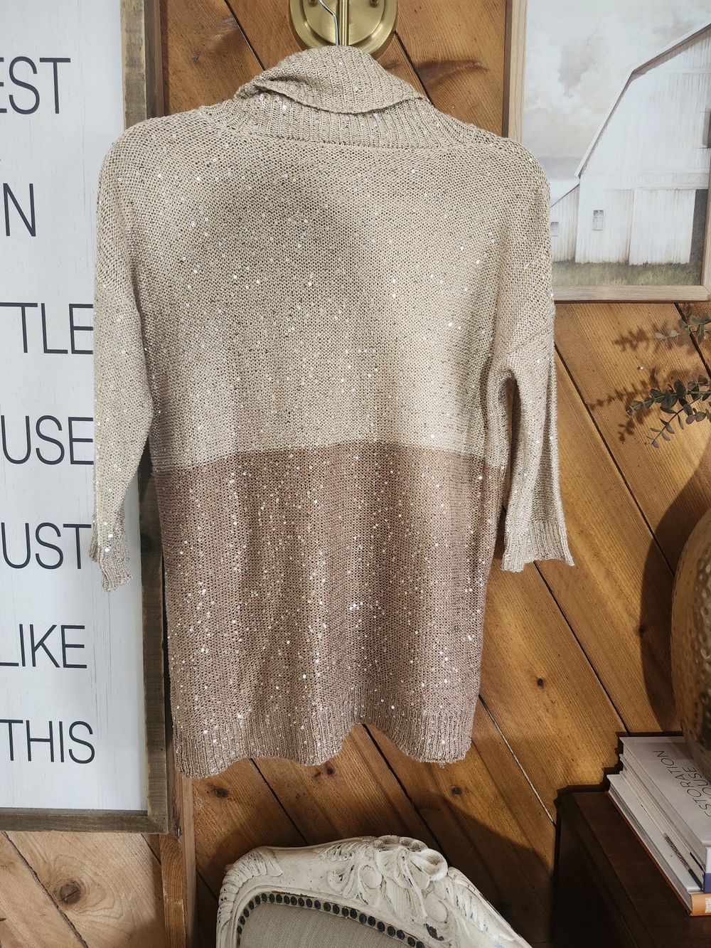 Bellatini Sequin Cowl Neck Sweater | Taupe Colorblock Knit | Quiet Luxury | M - Picture 4 of 4